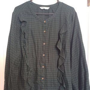 Sonoma Women’s Dark Green Plaid Button Front Flannel with Ruffle Size XXL